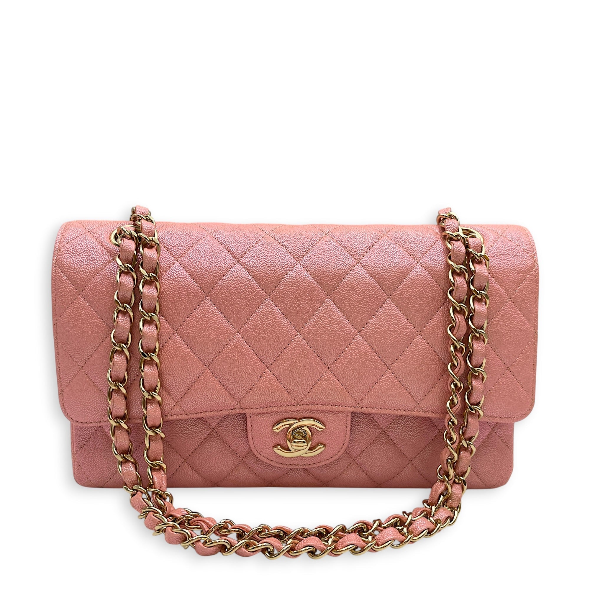 Classic Flap Medium Iridescent Pink Top Handle Bag in Caviar Leather Gold hardware CL2605-21636 12