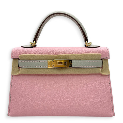 HSS Sellier Kelly 20 Rose Sakura/Gris Perle in Chevre Mysore Gold hardware CL2605-21679 1