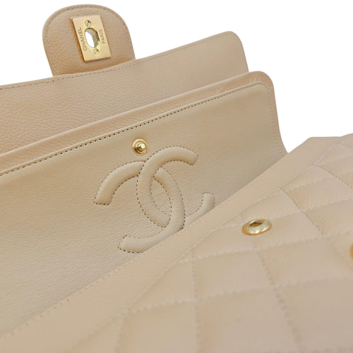 Classic Flap Medium Beige Shoulder Bag in Caviar Leather Gold hardware CL2606-21744 12