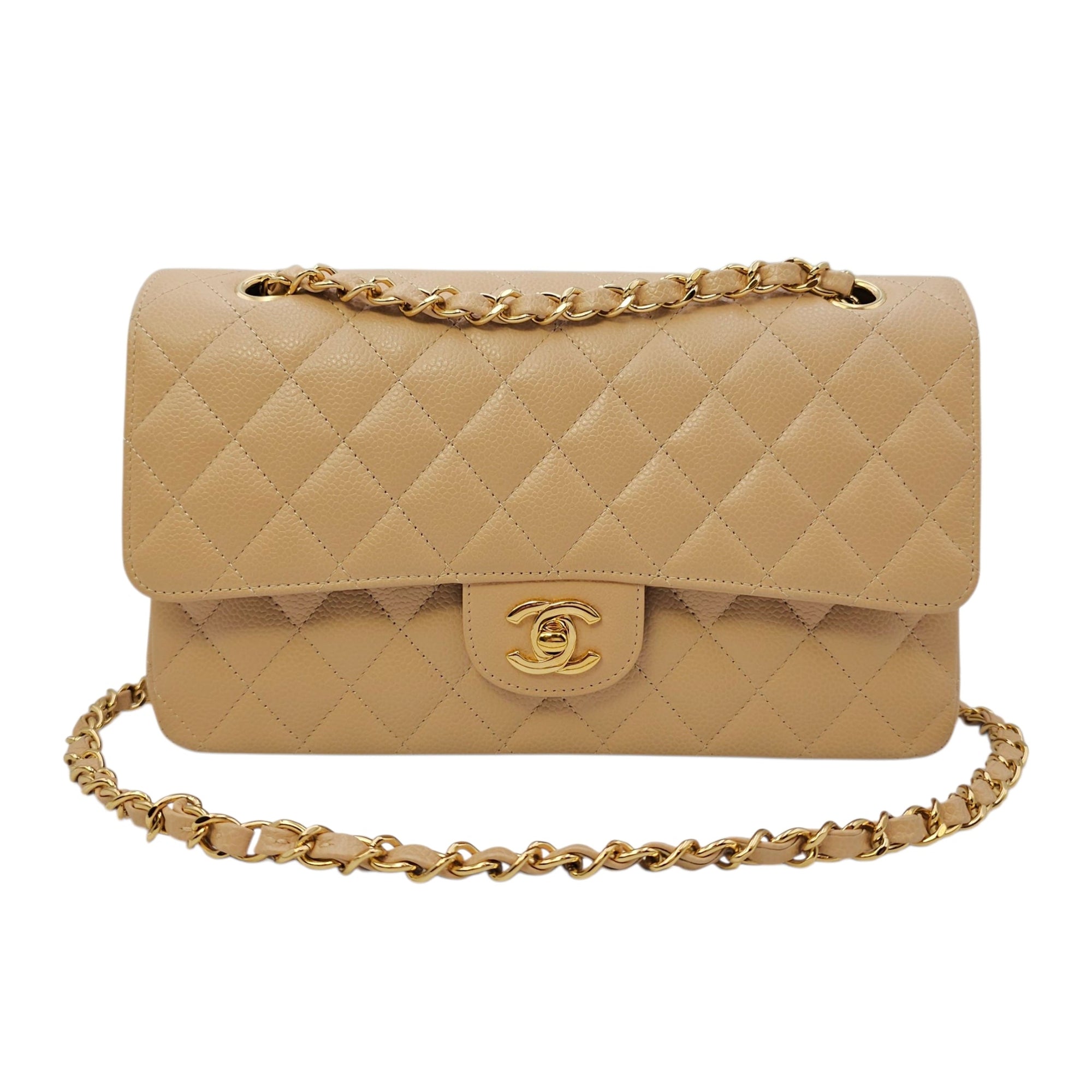Classic Flap Medium Beige Shoulder Bag in Caviar Leather Gold hardware CL2606-21744 16