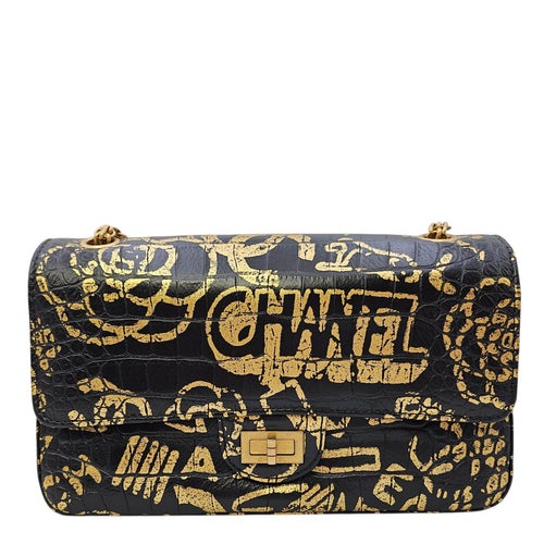Limited Edition Croc Embossed Graffiti 2.55 Small Black Shoulder Bag Gold hardware CL2606-21799 1