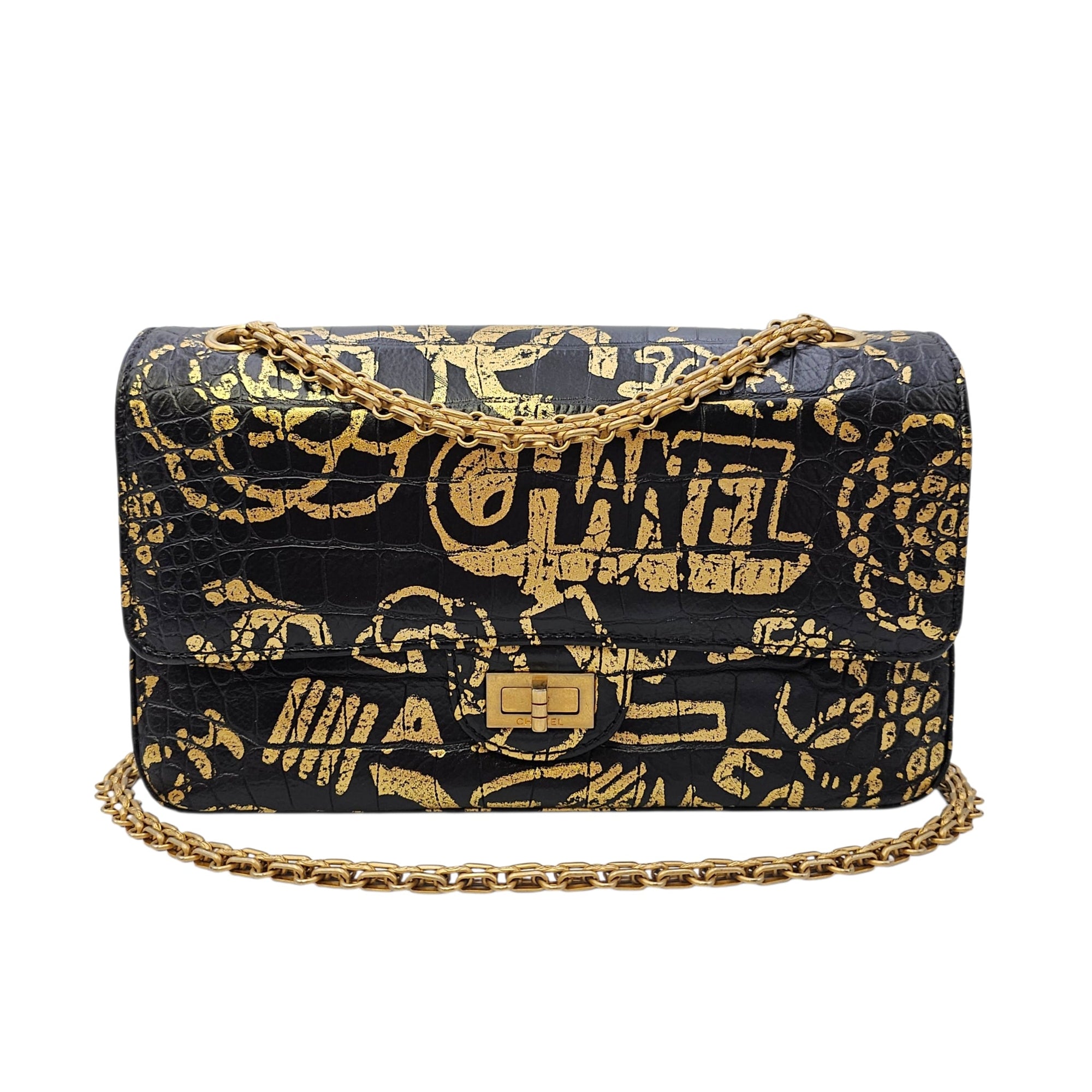 Limited Edition Croc Embossed Graffiti 2.55 Small Black Shoulder Bag Gold hardware CL2606-21799 14