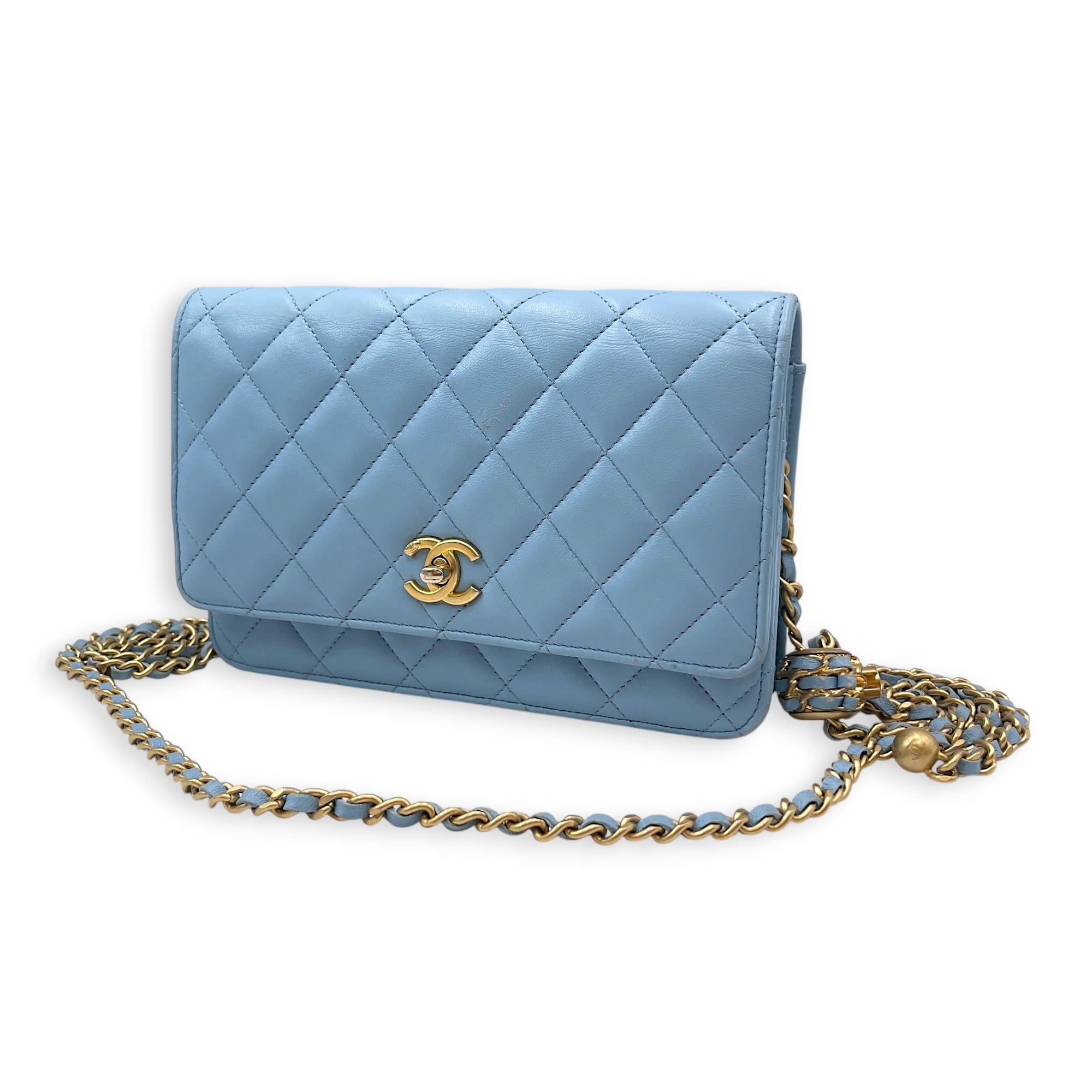 Wallet on Chain Blue Crossbody Bag in Calfskin Gold hardware