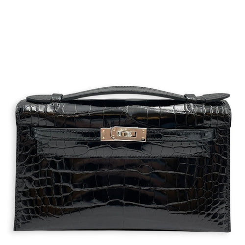 HSS Kelly Pochette Black in Shiny Alligator Palladium hardware CL2606-21982 1