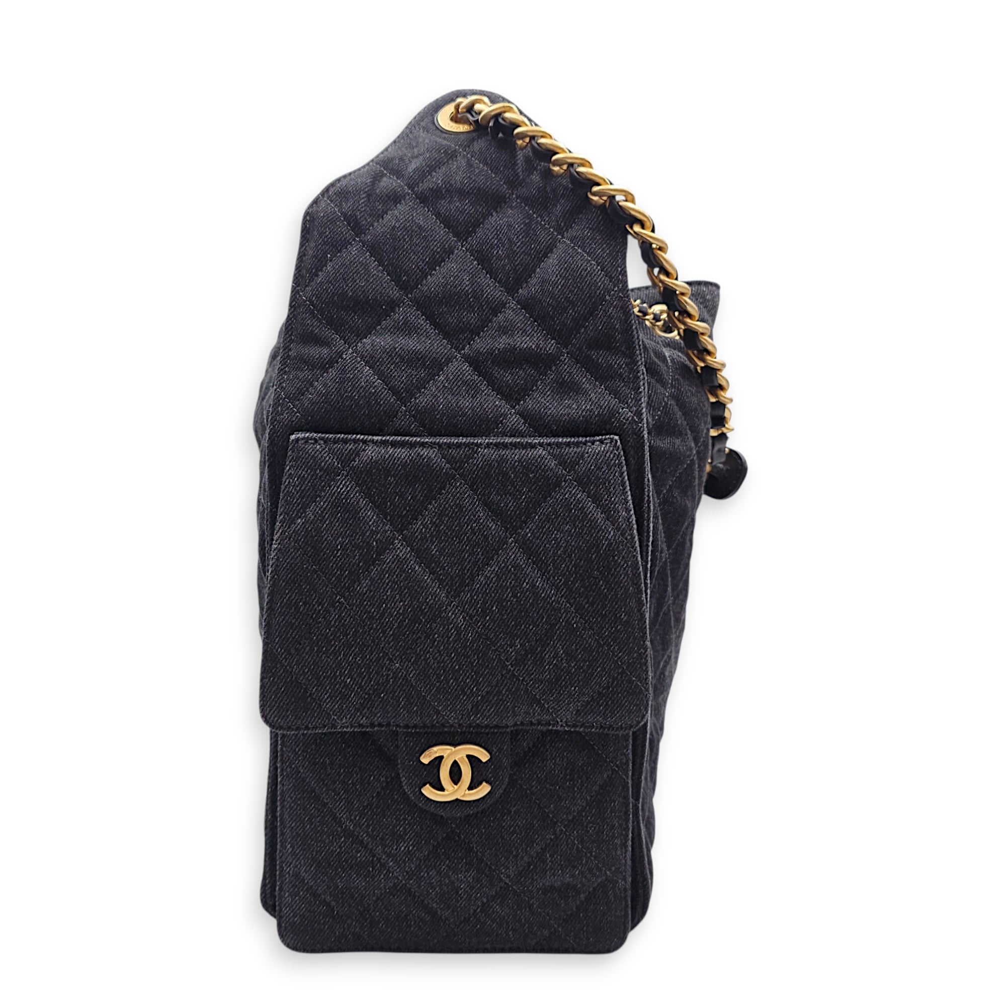 C25 Medium Black Shoulder Bag in Denim Gold hardware CL2606-22000 4