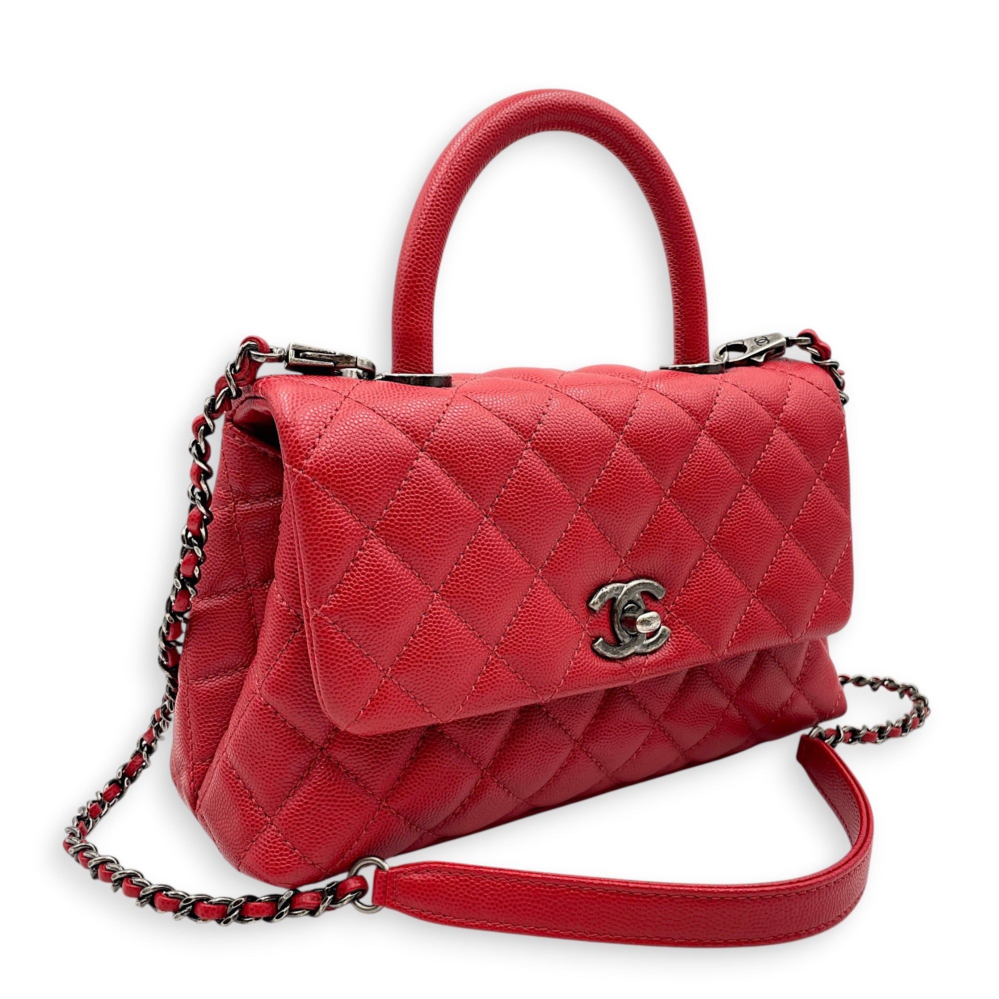 Coco Handle Quilted Red Top Handle Bag Ruthenium-finish Brass hardware CL2606-22048 13