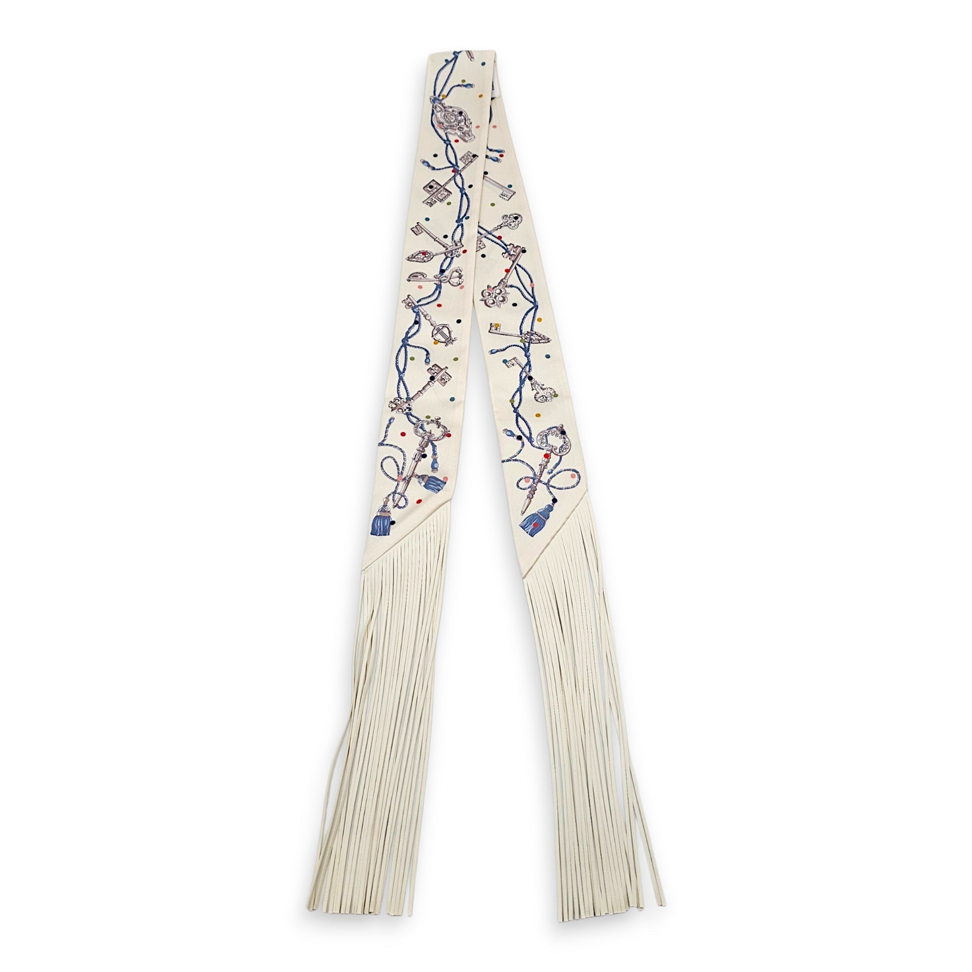 Les Cles a Pois Creme/Gris Perle Leather Fringes Twilly CL2606-22059 2