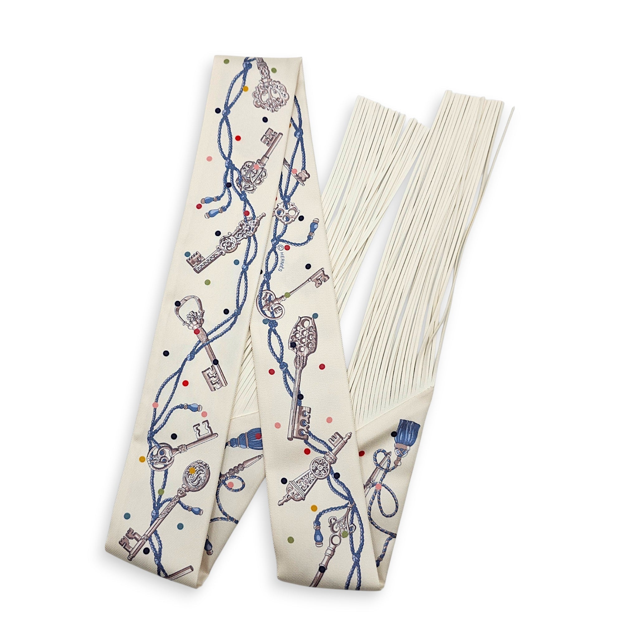 Les Cles a Pois Creme/Gris Perle Leather Fringes Twilly CL2606-22060 3