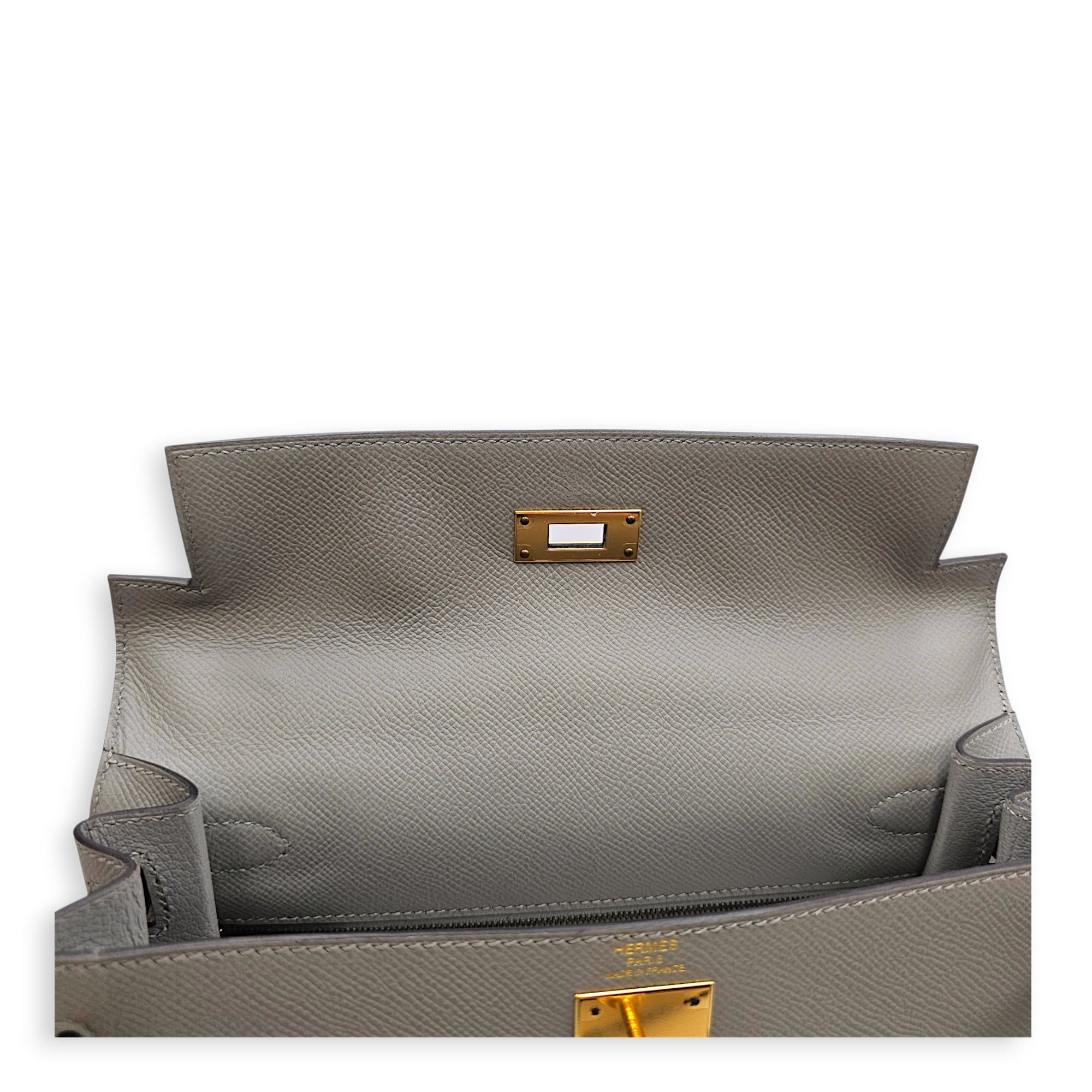 Sellier Kelly 28 Gris Mouette in Epsom Gold hardware CL2606-22092 14