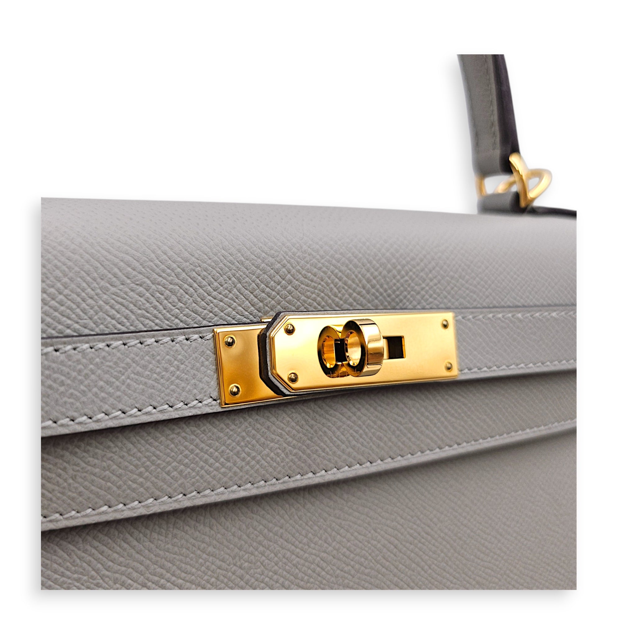 Sellier Kelly 28 Gris Mouette in Epsom Gold hardware CL2606-22092 15