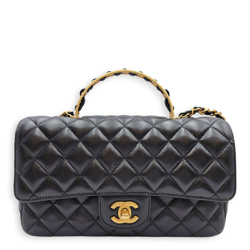 Quilted Flap Bag Small Black Top Handle Bag in Lambskin Gold hardware CL2606-22117 1