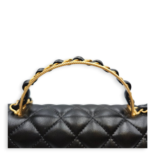 Quilted Flap Bag Small Black Top Handle Bag in Lambskin Gold hardware CL2606-22117 12