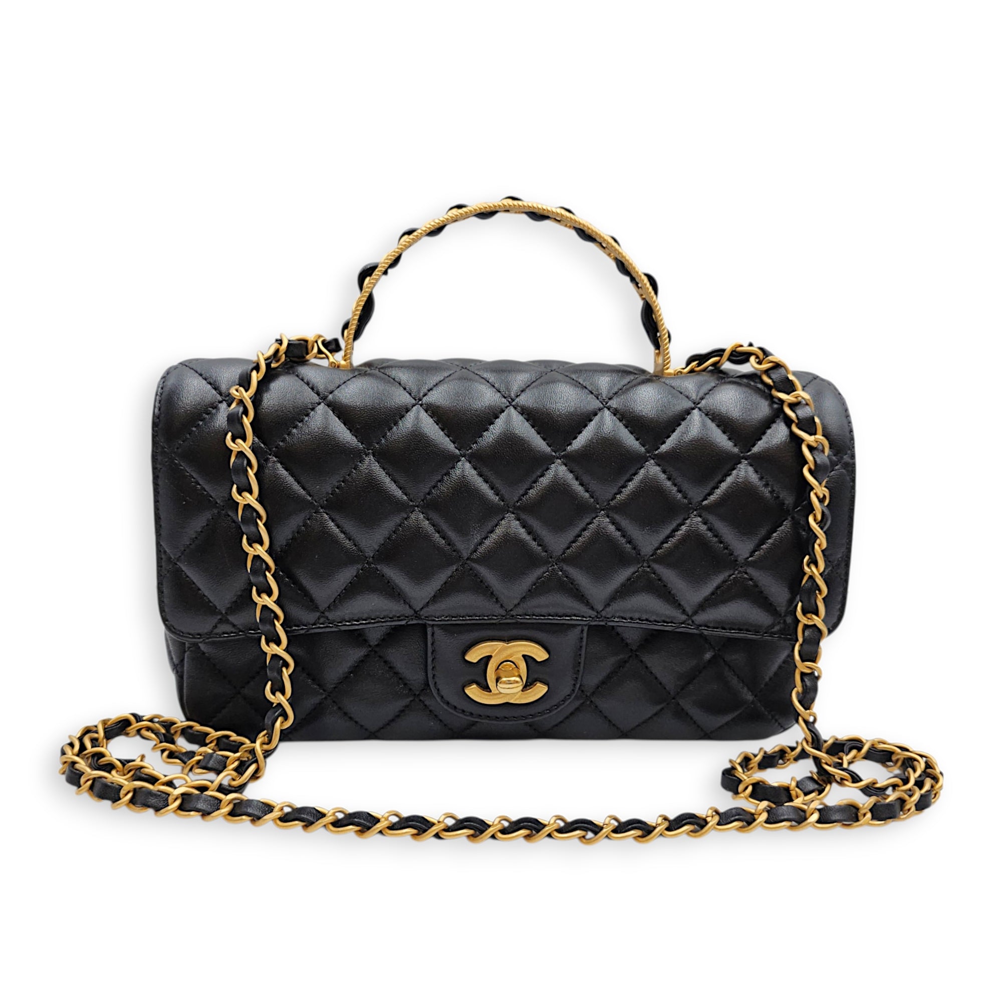 Quilted Flap Bag Small Black Top Handle Bag in Lambskin Gold hardware CL2606-22117 17