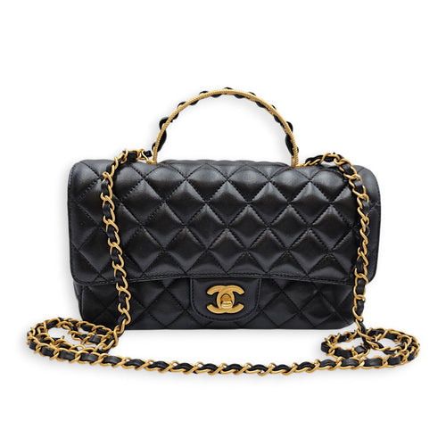 Quilted Flap Bag Small Black Top Handle Bag in Lambskin Gold hardware CL2606-22117 17