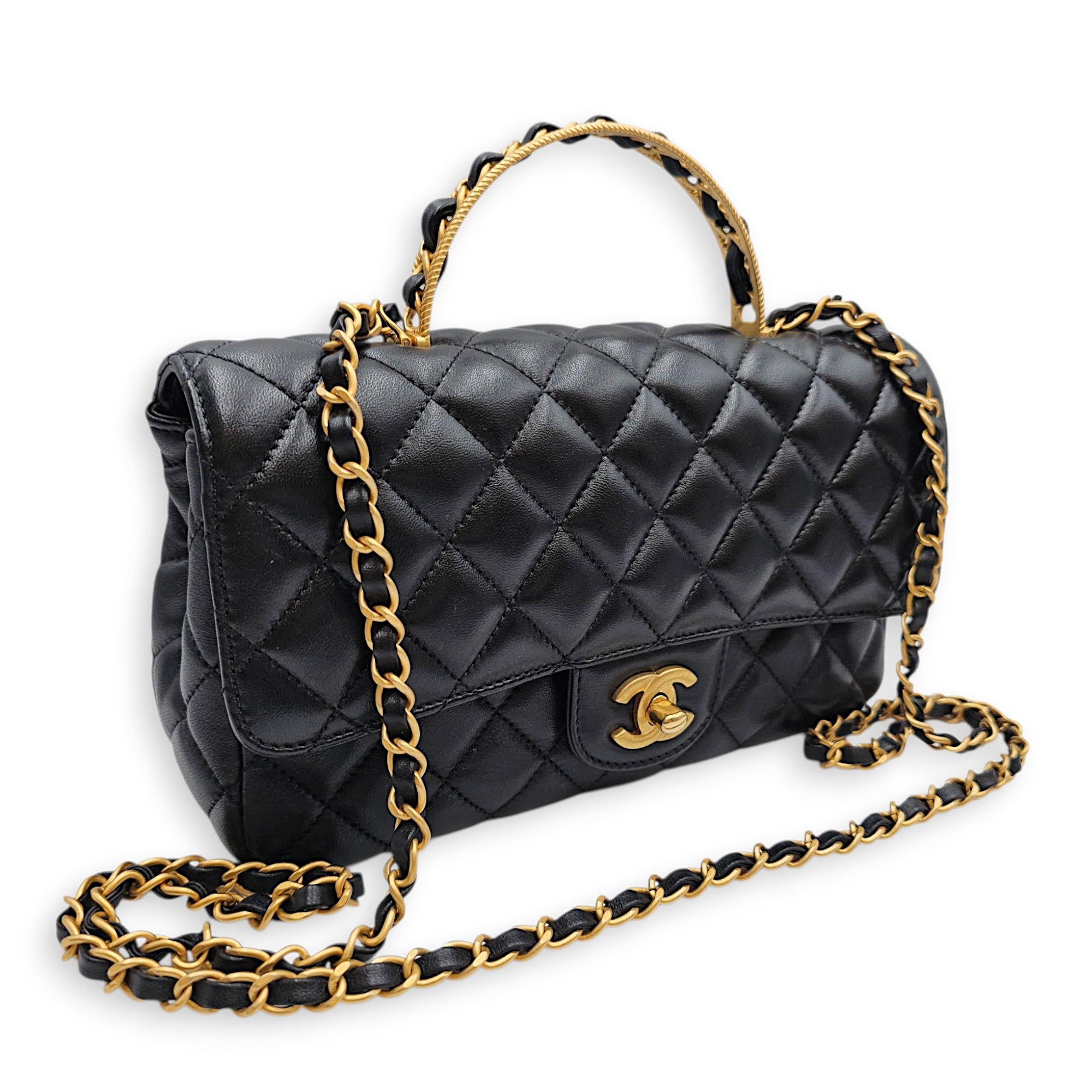 Quilted Flap Bag Small Black Top Handle Bag in Lambskin Gold hardware CL2606-22117 18