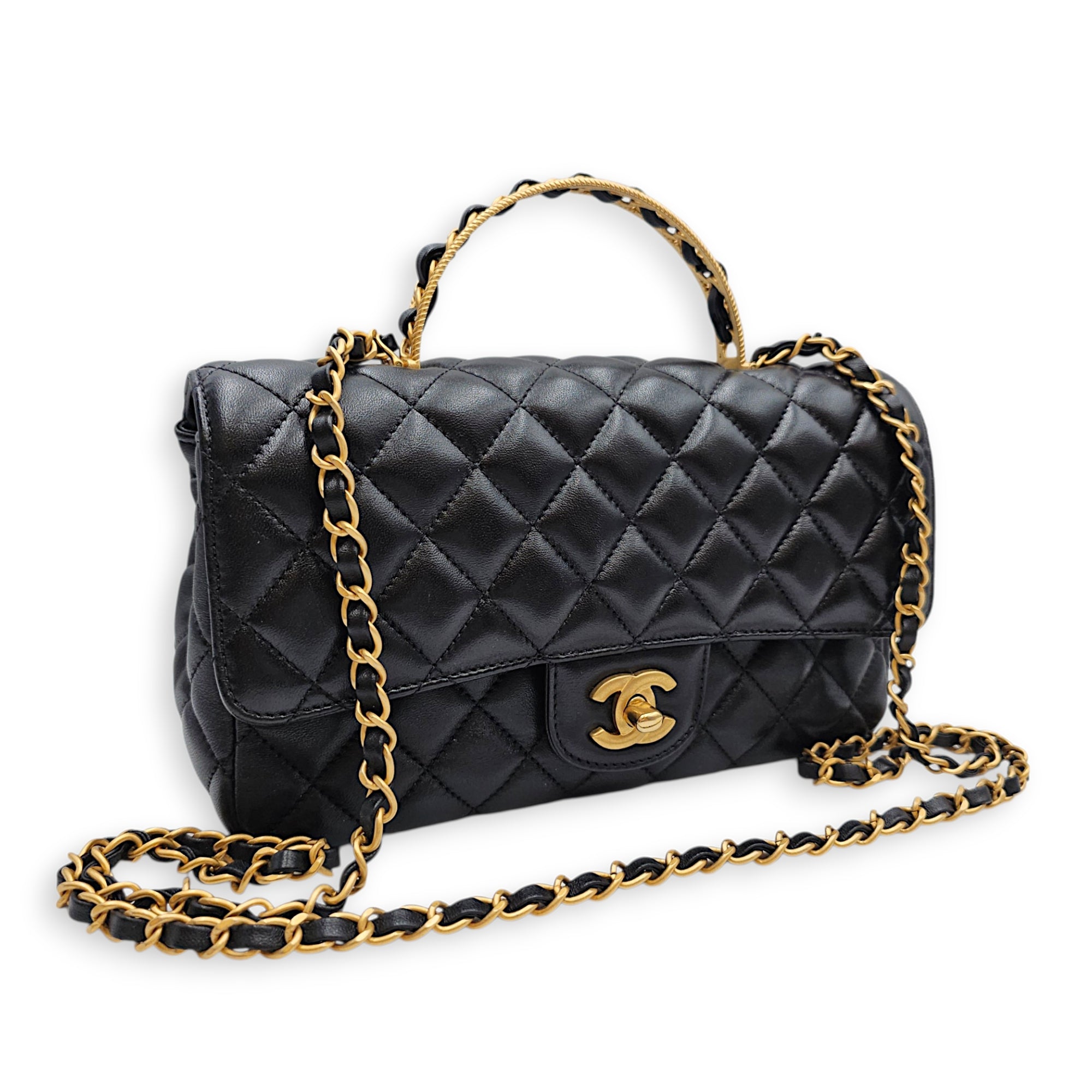 Quilted Flap Bag Small Black Top Handle Bag in Lambskin Gold hardware CL2606-22117 19