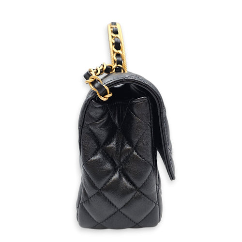 Quilted Flap Bag Small Black Top Handle Bag in Lambskin Gold hardware CL2606-22117 4