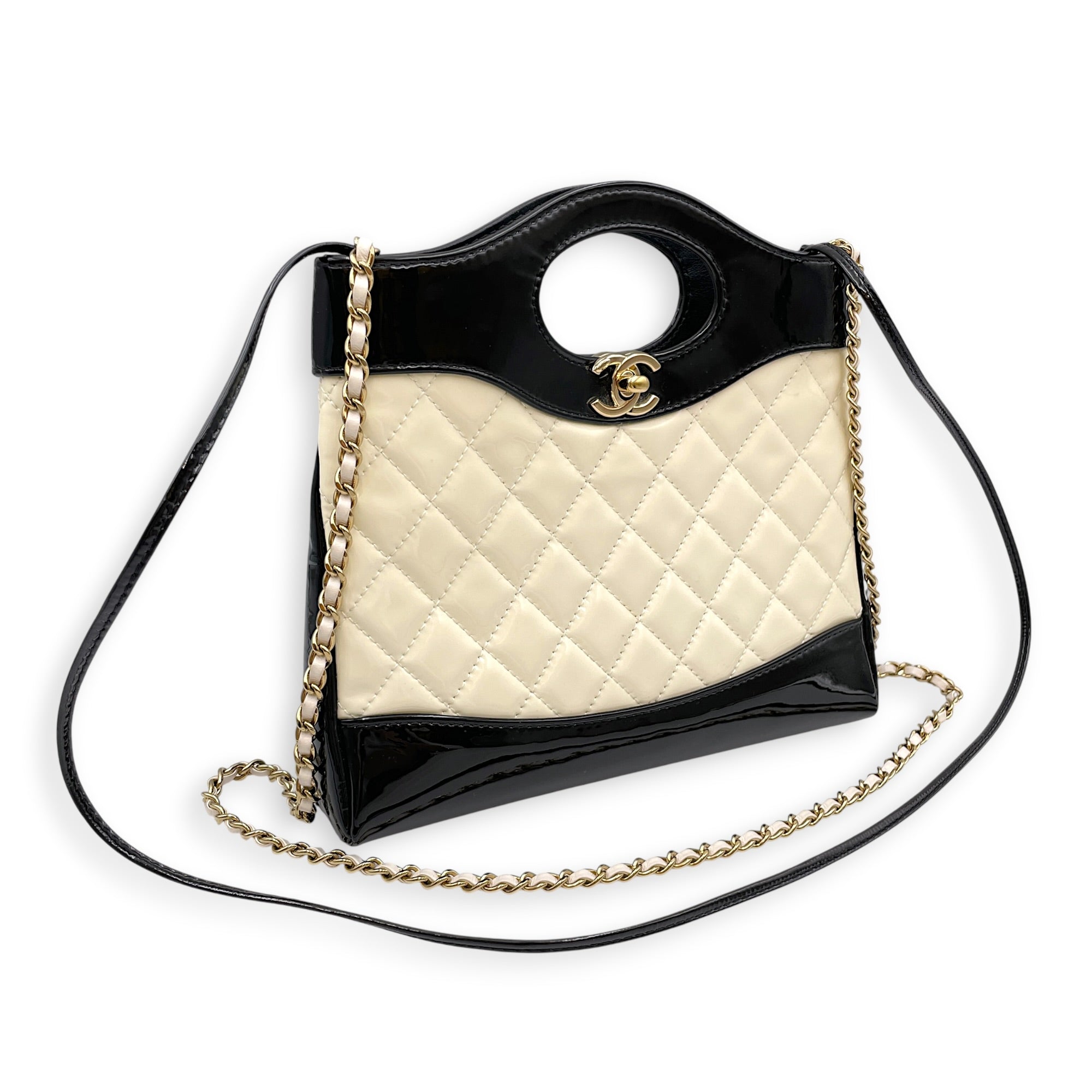 31 Shopping Tote Small White Shoulder Bag in Patent Leather Gold hardware CL2607-22222 9