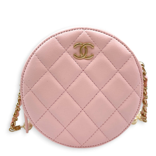 Quilted Round Clutch with Pearl Chain Pink Crossbody Bag in Lambskin Gold hardware CL2607-22243 1