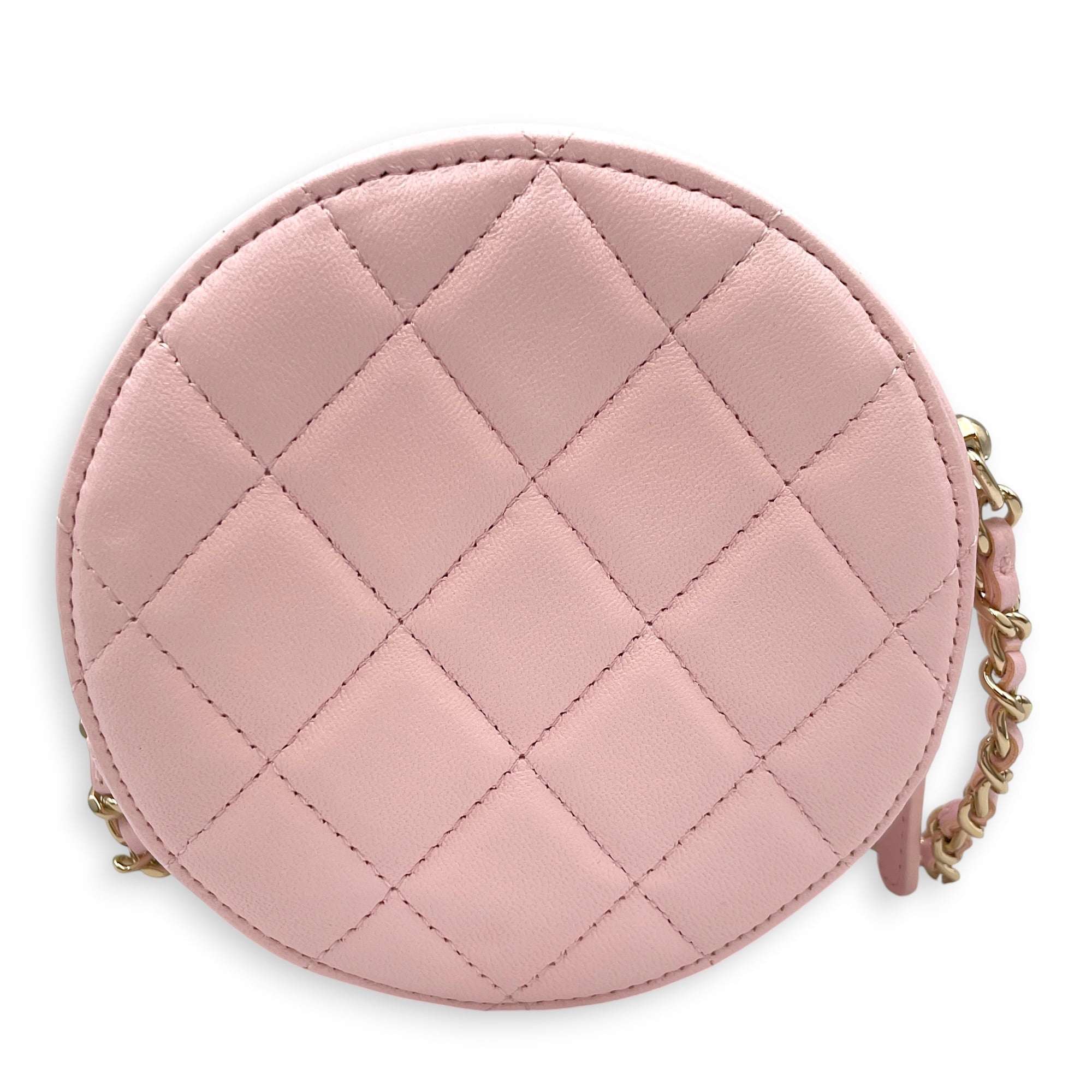 Quilted Round Clutch with Pearl Chain Pink Crossbody Bag in Lambskin Gold hardware CL2607-22243 2