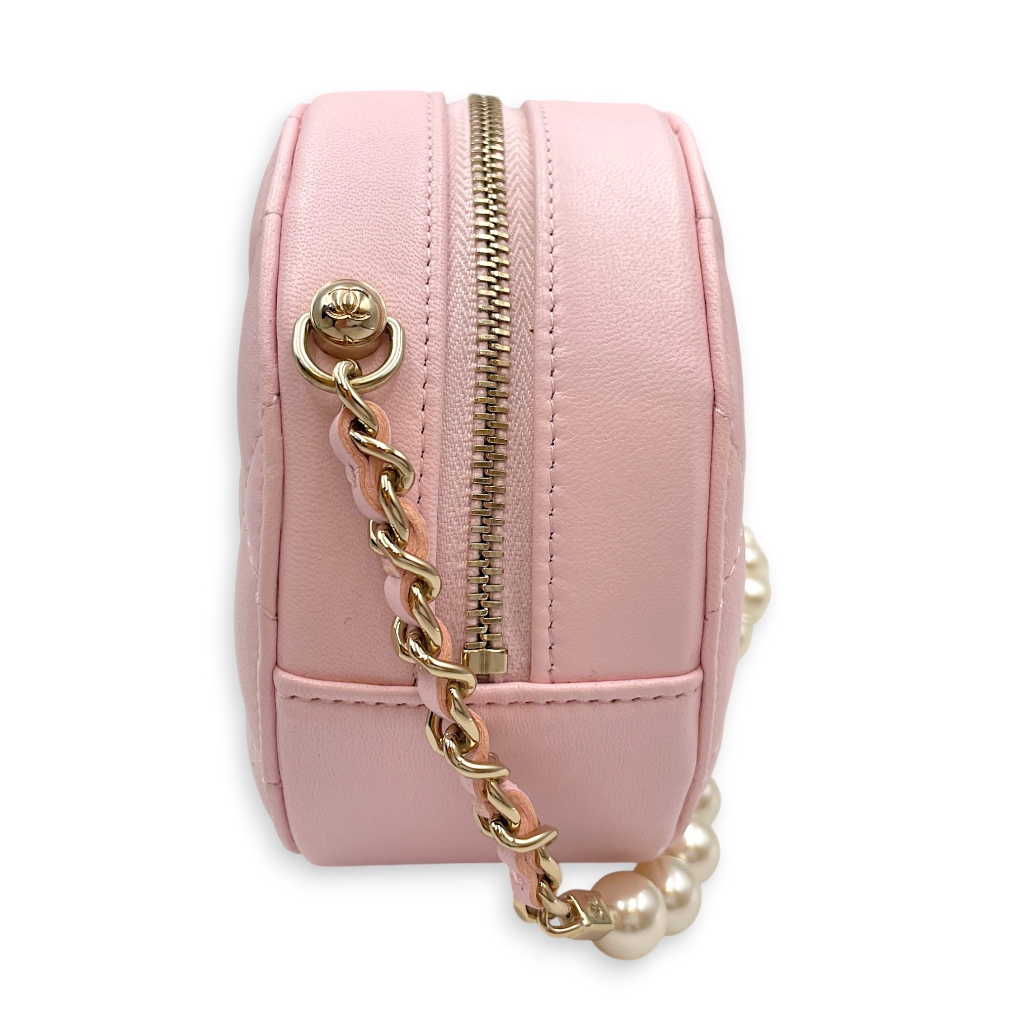 Quilted Round Clutch with Pearl Chain Pink Crossbody Bag in Lambskin Gold hardware CL2607-22243 6
