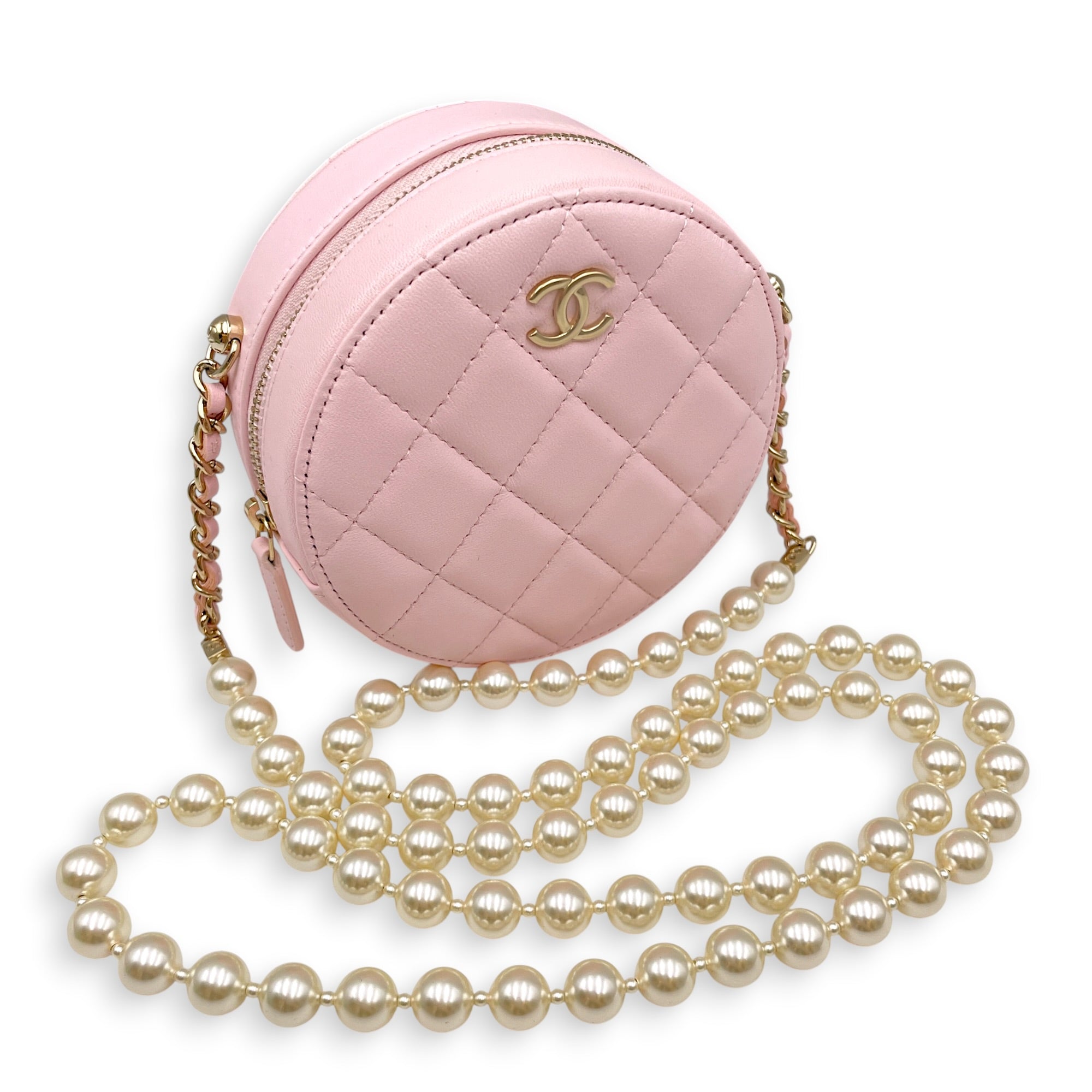 Quilted Round Clutch with Pearl Chain Pink Crossbody Bag in Lambskin Gold hardware CL2607-22243 7