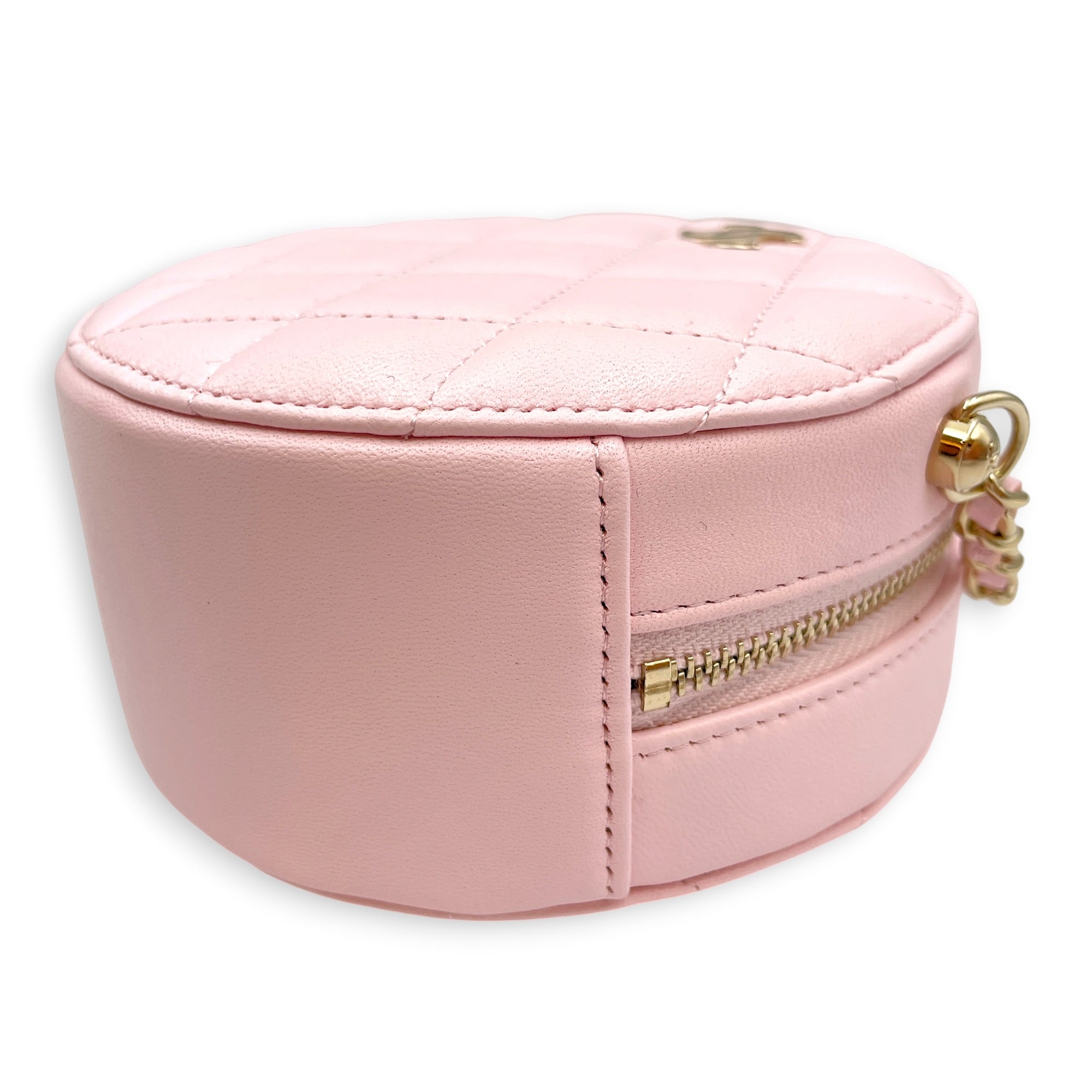 Quilted Round Clutch with Pearl Chain Pink Crossbody Bag in Lambskin Gold hardware CL2607-22243 8