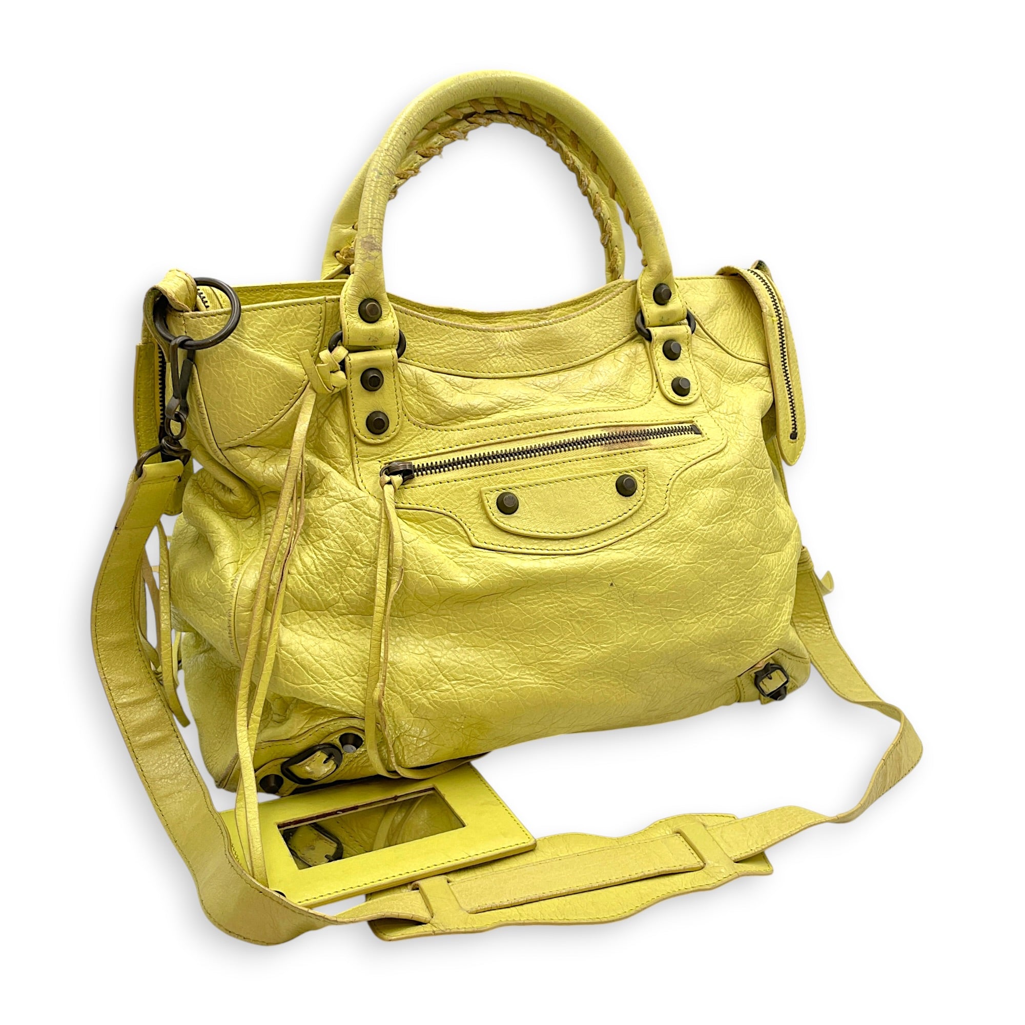 Velo Yellow Shoulder Bag in Distressed Leather Ruthenium hardware