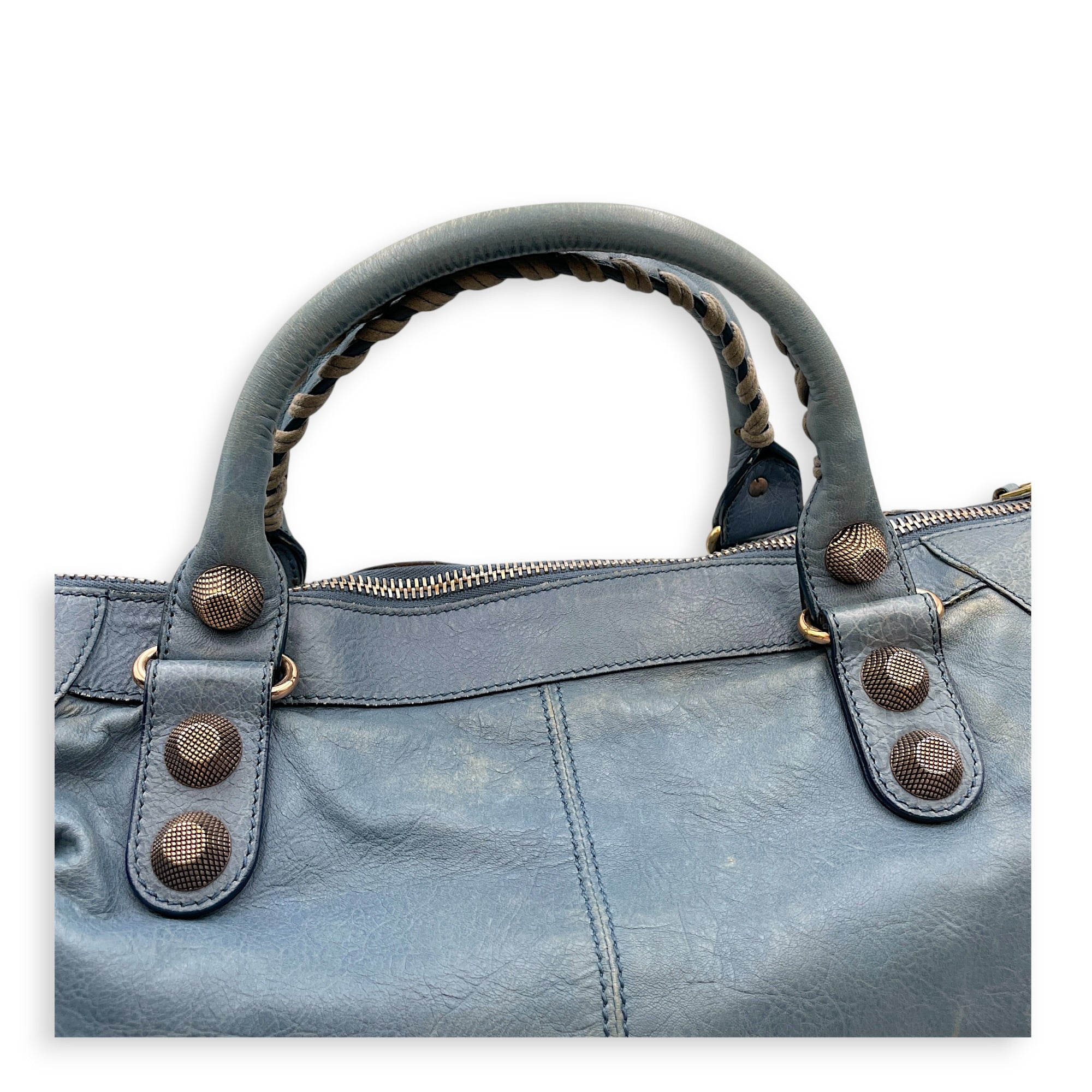 Work Blue Top Handle Bag in Distressed Leather Gold hardware CL2607-22273 13