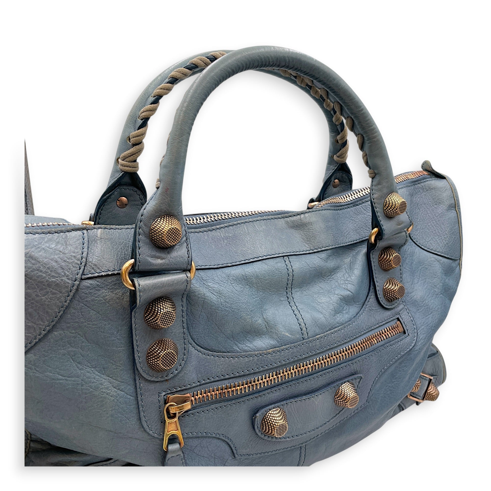 Work Blue Top Handle Bag in Distressed Leather Gold hardware CL2607-22273 17