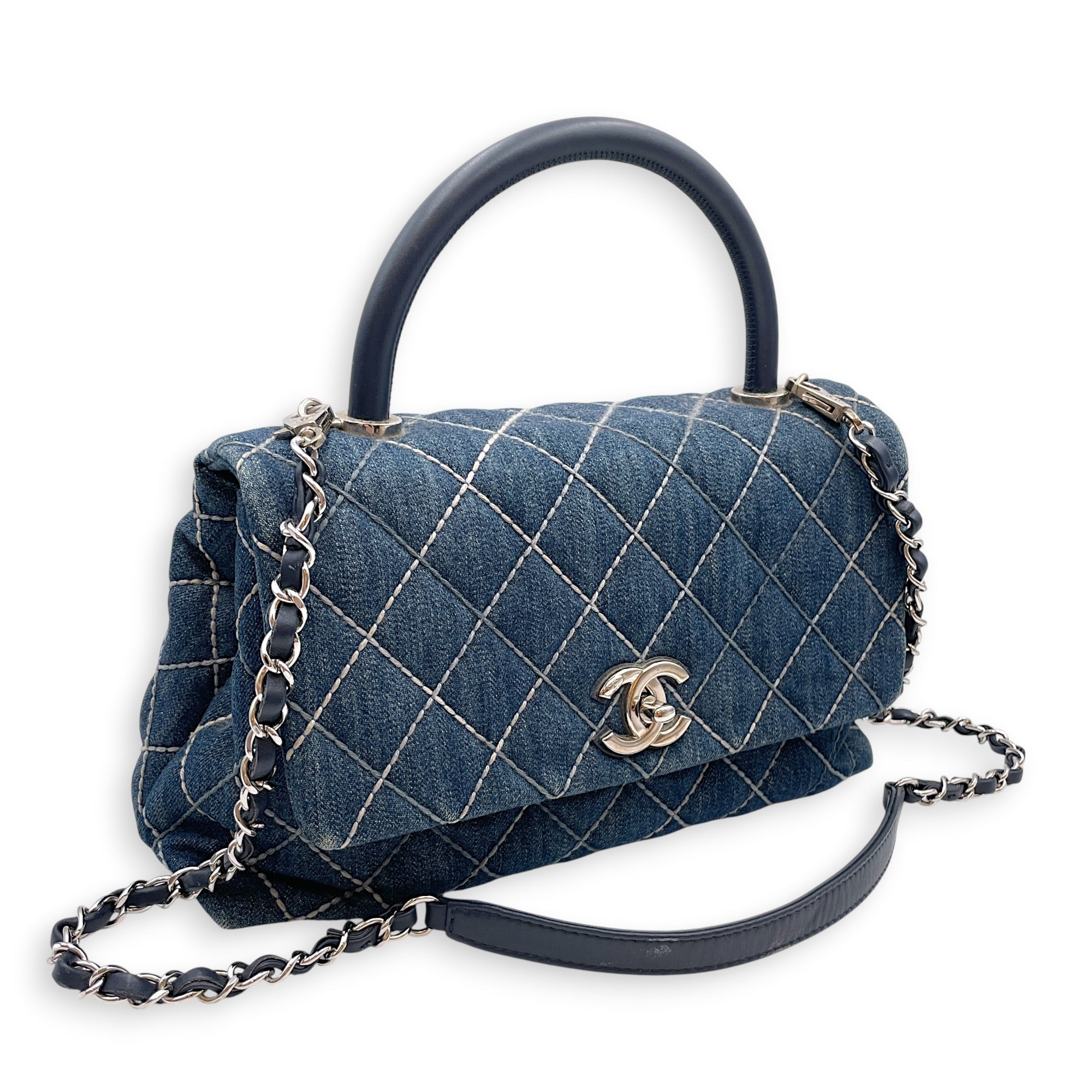 Coco Handle Flap Blue Top Handle Bag in Denim Silver hardware CL2607-22300 16