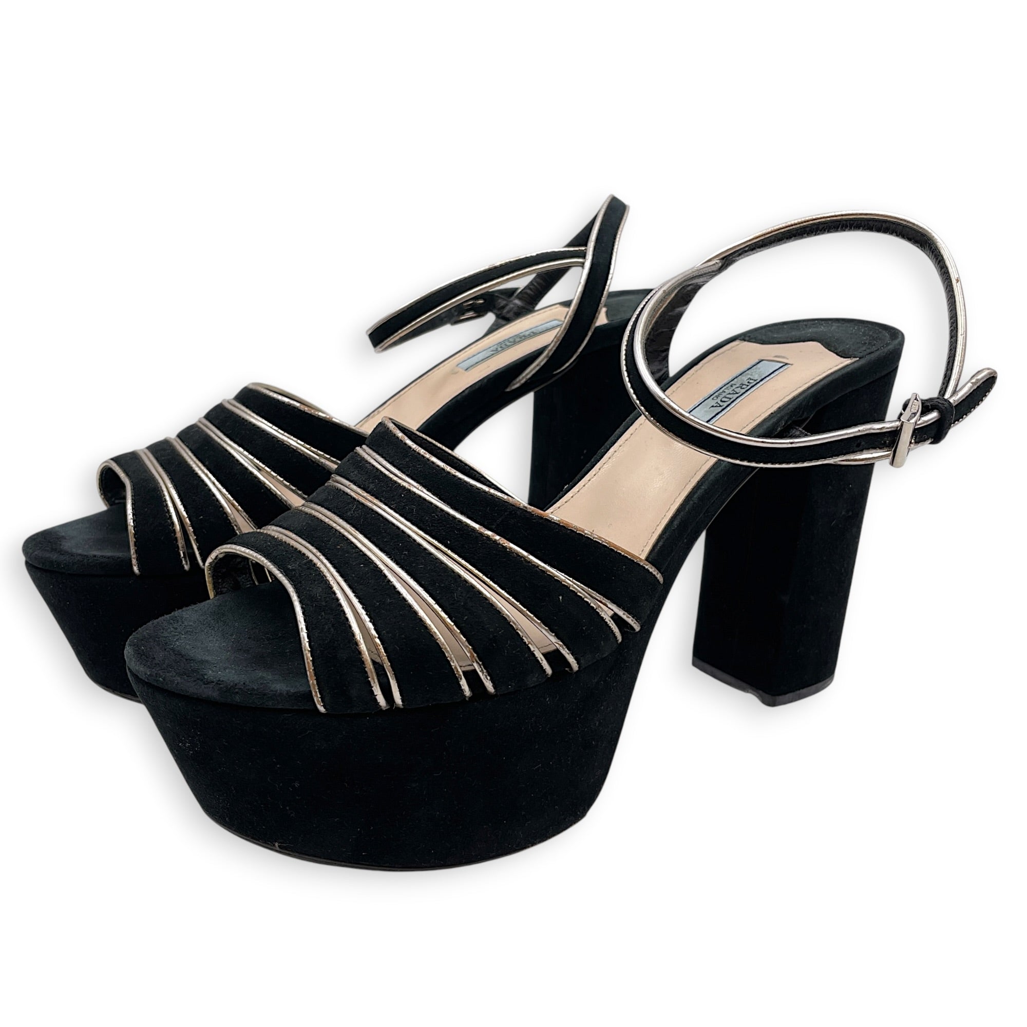 Milano Donna Strappy 40 Black Platform Heels in Suede Leather Silver hardware CL2607-22306 5