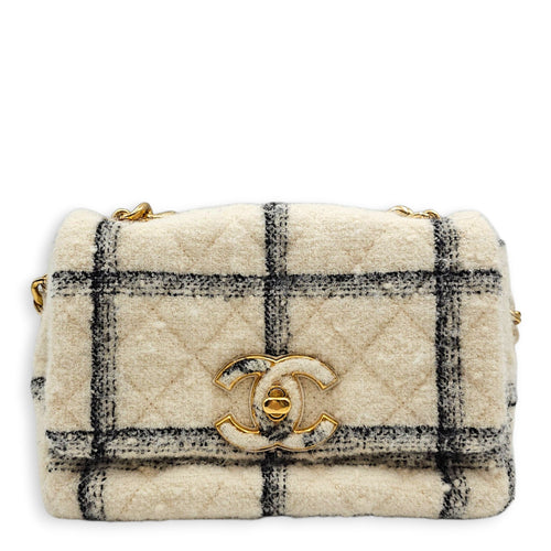 Wool Tweed Flap with Elegant Chain White Shoulder Bag in Tweed Gold hardware CL2607-22319 1