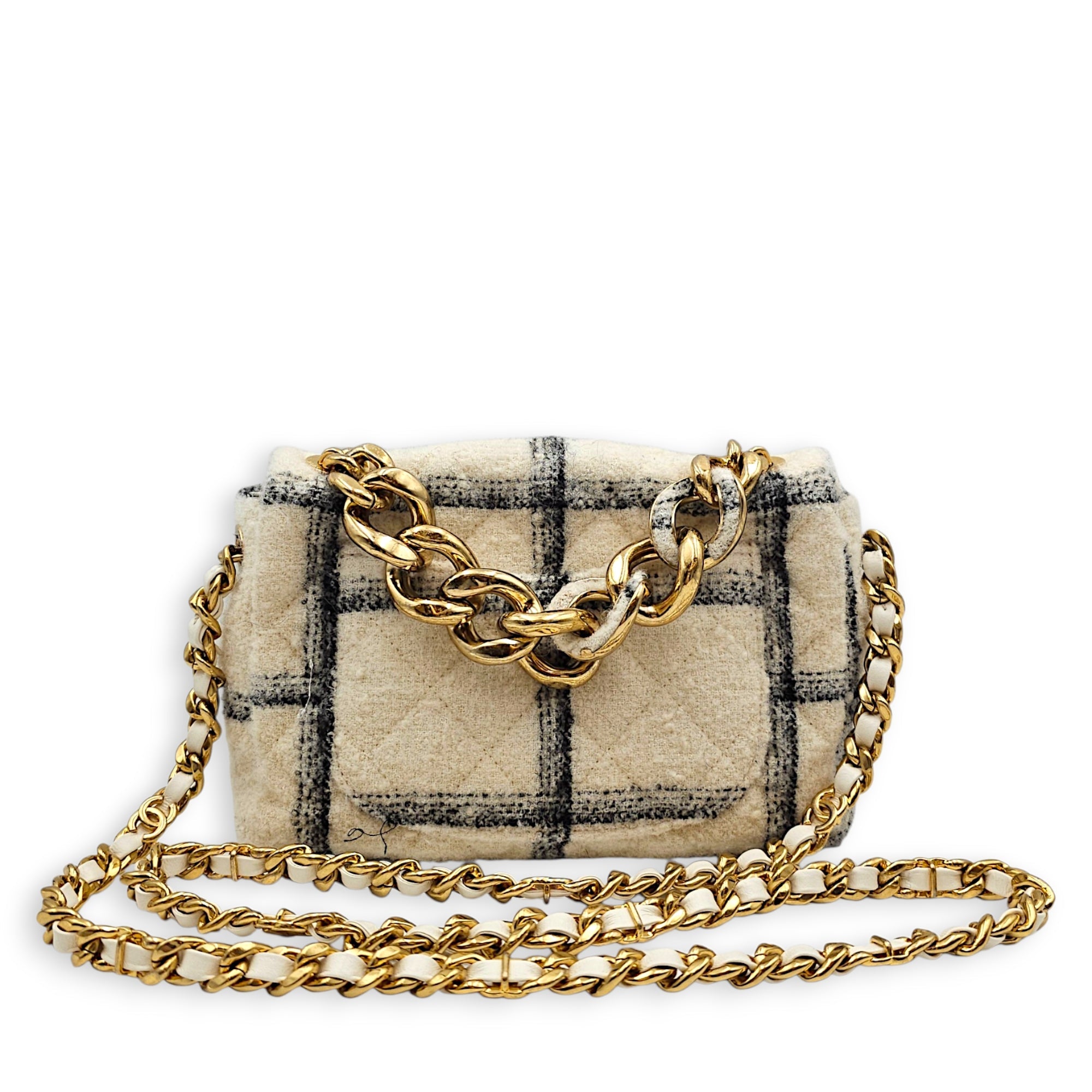 Wool Tweed Flap with Elegant Chain White Shoulder Bag in Tweed Gold hardware CL2607-22319 2