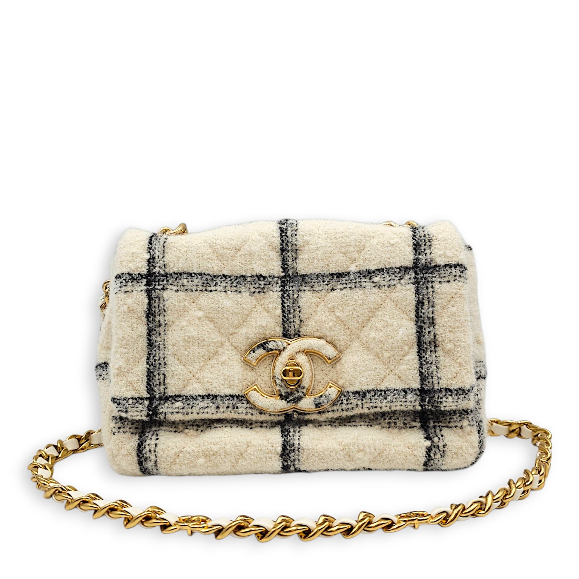 Wool Tweed Flap with Elegant Chain White Shoulder Bag in Tweed Gold hardware