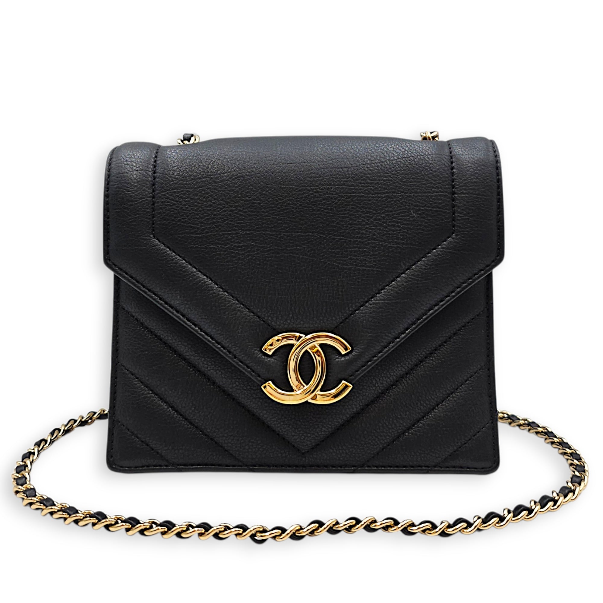 Chevron V Stitch Flap 18 Black Crossbody Bag Gold hardware