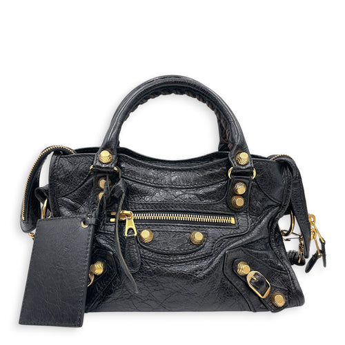 Mini City Black Crossbody Bag in Distressed Leather Gold hardware