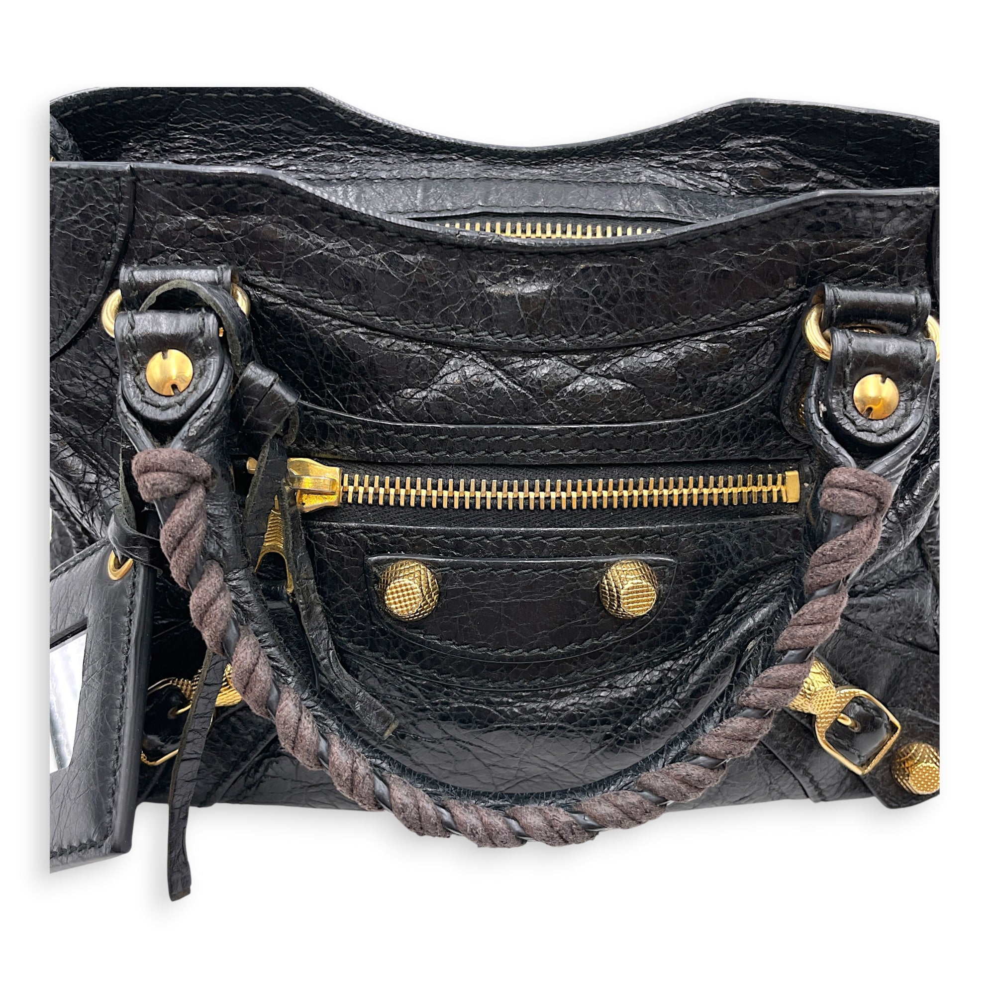 Mini City Black Crossbody Bag in Distressed Leather Gold hardware