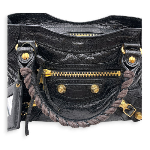 Mini City Black Crossbody Bag in Distressed Leather Gold hardware