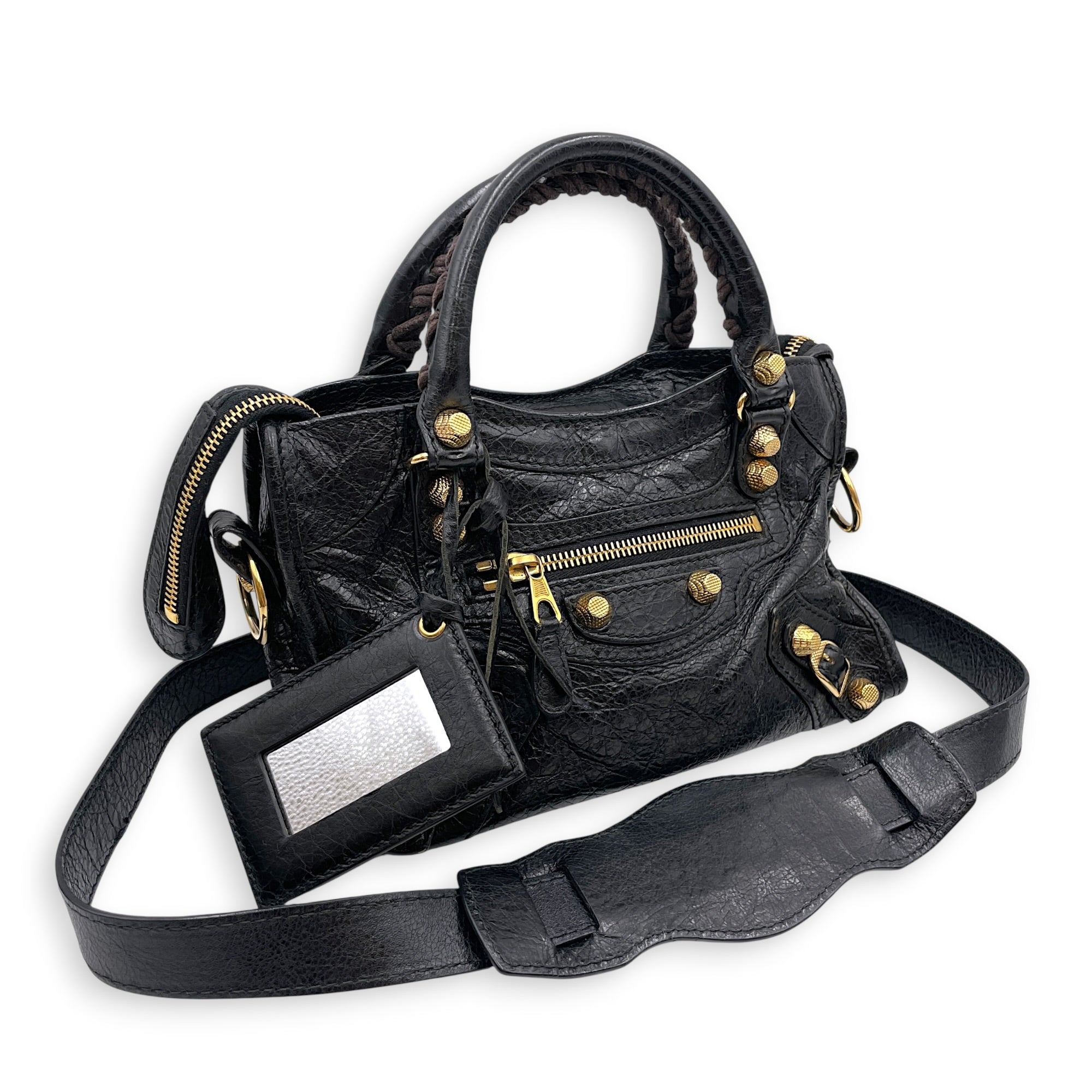 Mini City Black Crossbody Bag in Distressed Leather Gold hardware