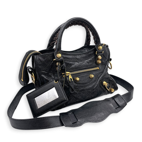 Mini City Black Crossbody Bag in Distressed Leather Gold hardware