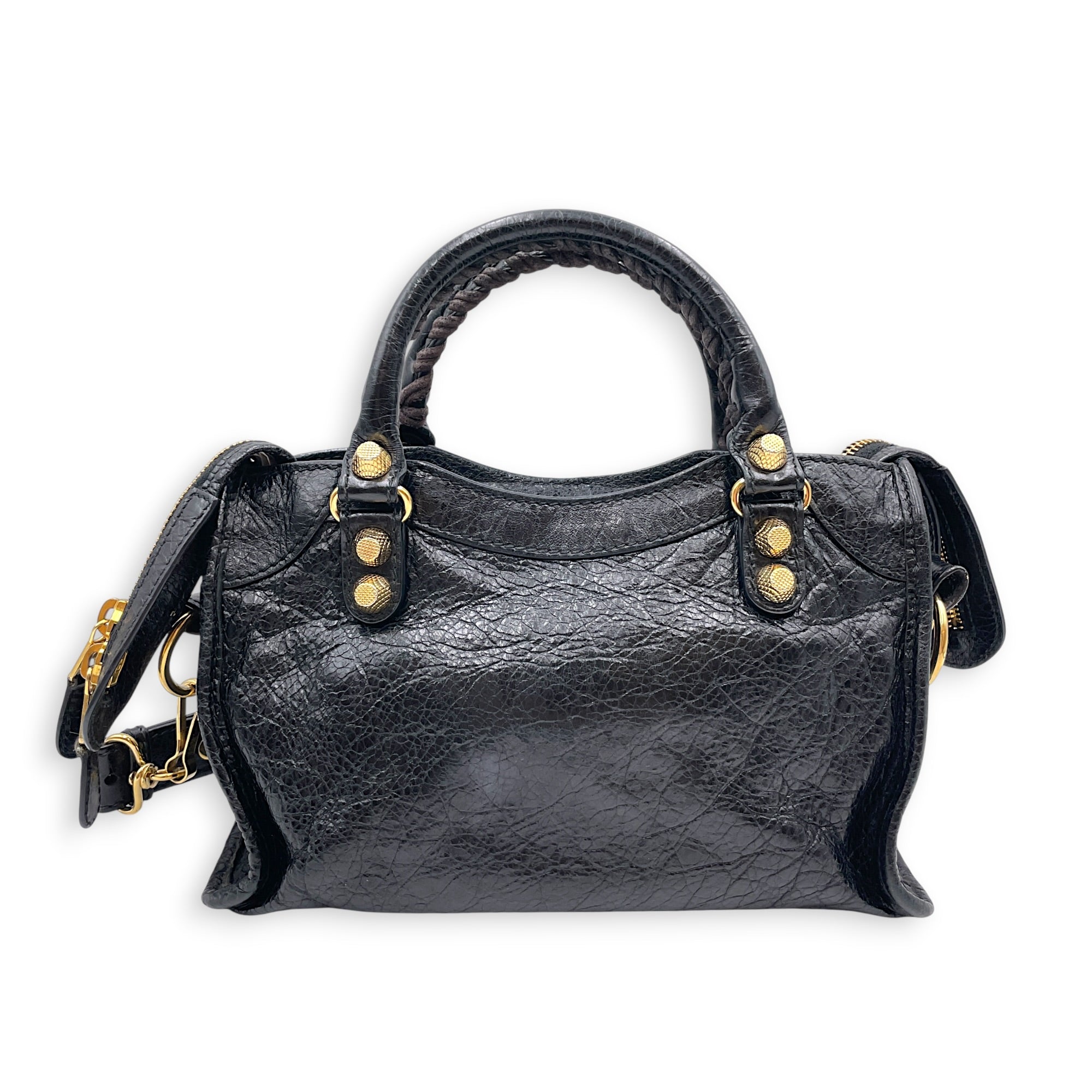 Mini City Black Crossbody Bag in Distressed Leather Gold hardware