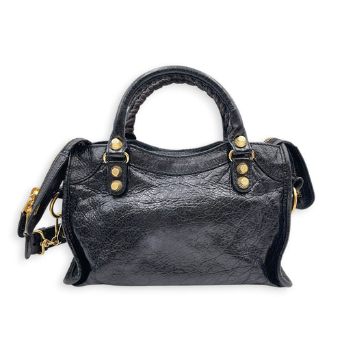 Mini City Black Crossbody Bag in Distressed Leather Gold hardware