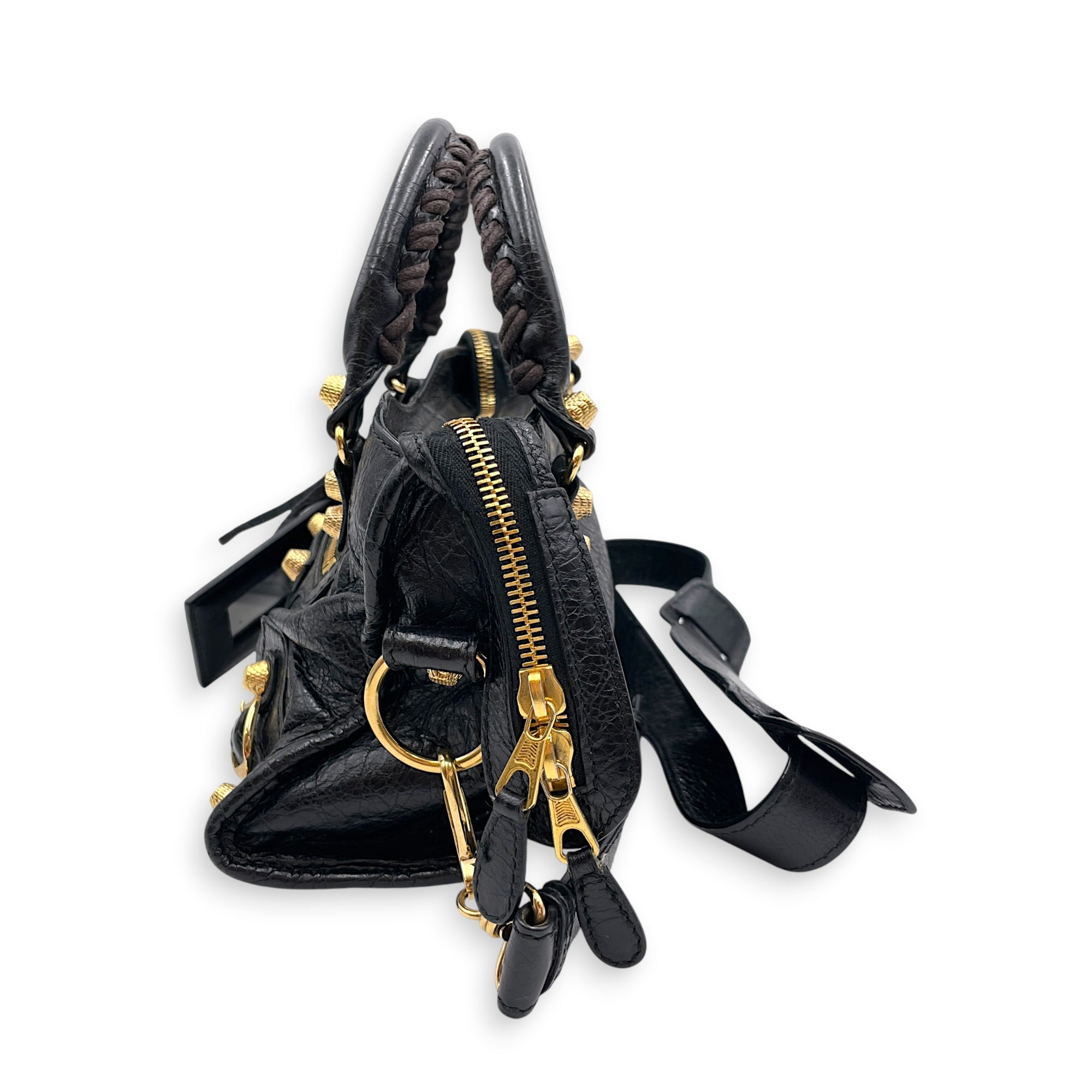 Mini City Black Crossbody Bag in Distressed Leather Gold hardware