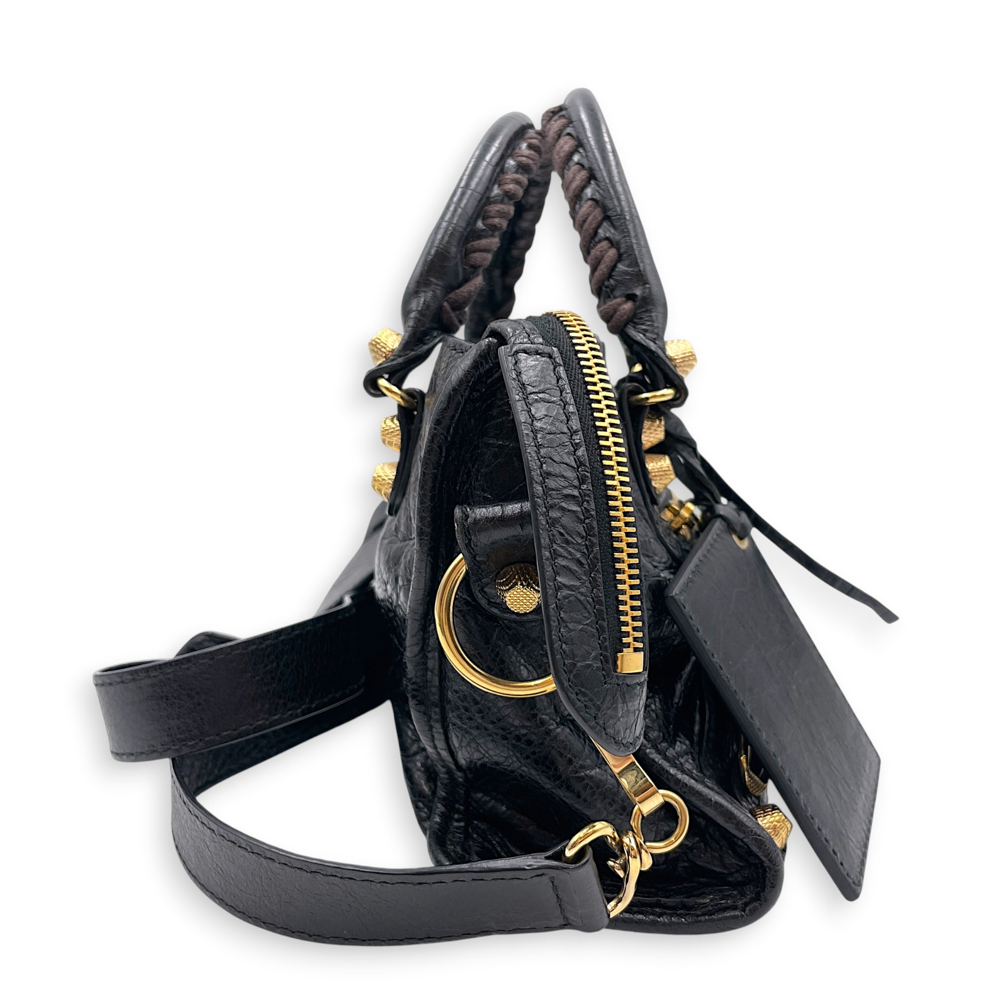 Mini City Black Crossbody Bag in Distressed Leather Gold hardware