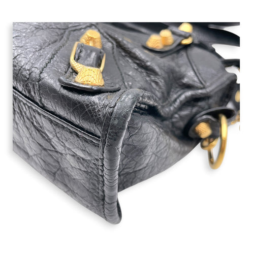 Mini City Black Crossbody Bag in Distressed Leather Gold hardware