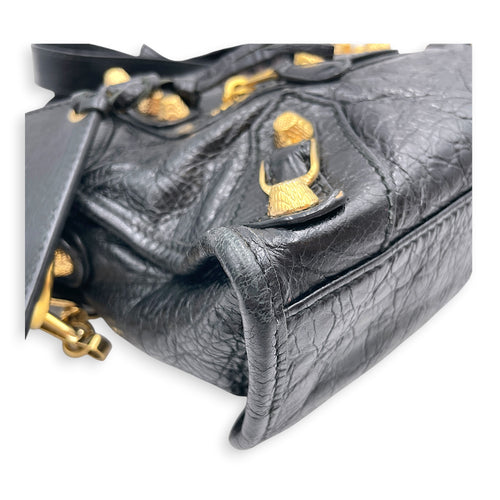 Mini City Black Crossbody Bag in Distressed Leather Gold hardware
