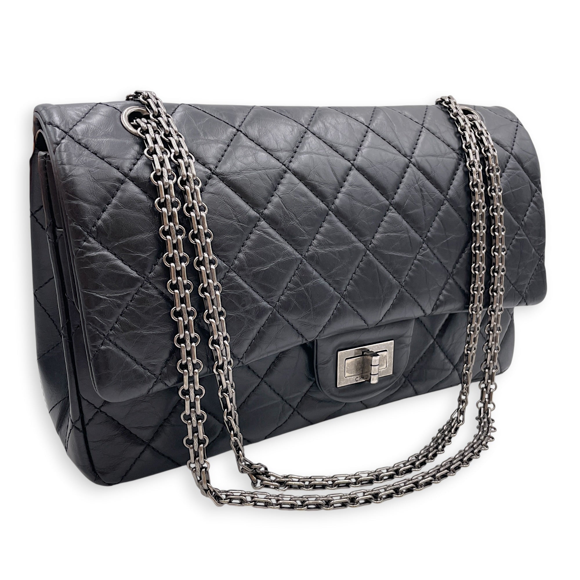 Reissue 2.55 Flap Black Shoulder Bag in Distressed Leather Ruthenium hardware CL2607-22358 13
