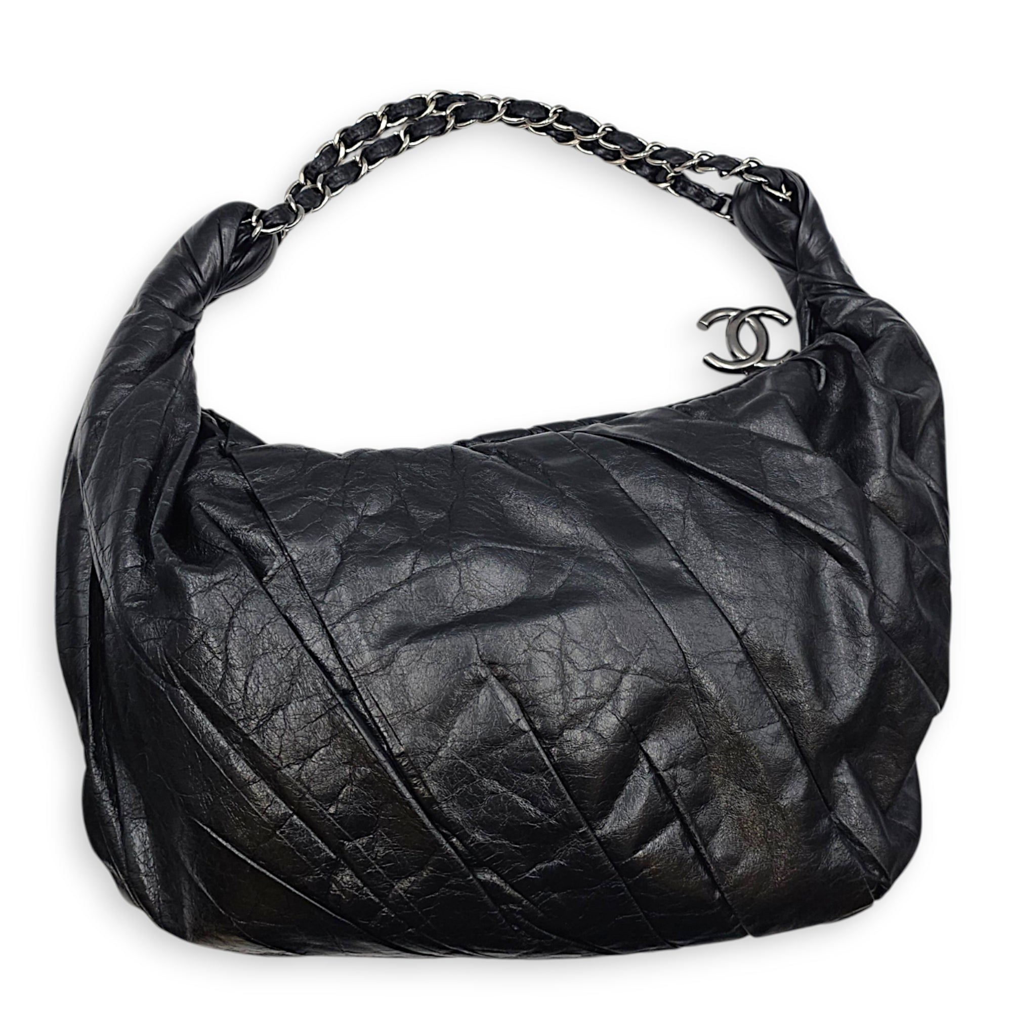 Twisted Hobo Black Shoulder Bag in Glazed Calf Silver hardware CL2607-22420 2