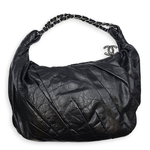 Twisted Hobo Black Shoulder Bag in Glazed Calf Silver hardware CL2607-22420 2